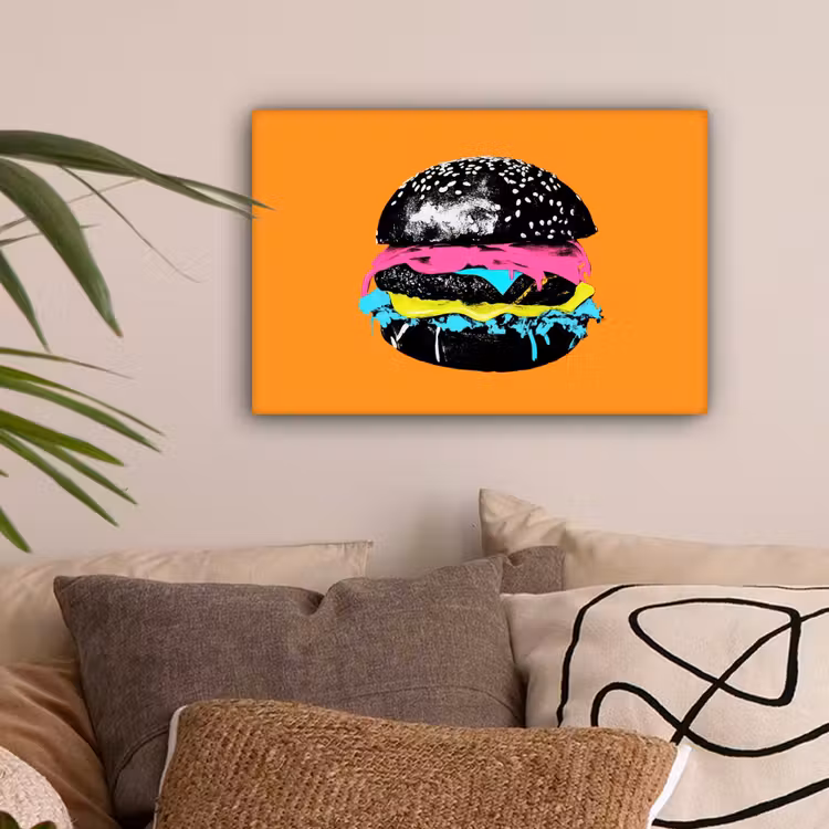 Hamburger - Oranje - Neon - popart canvas 2cm klein -sfeer1