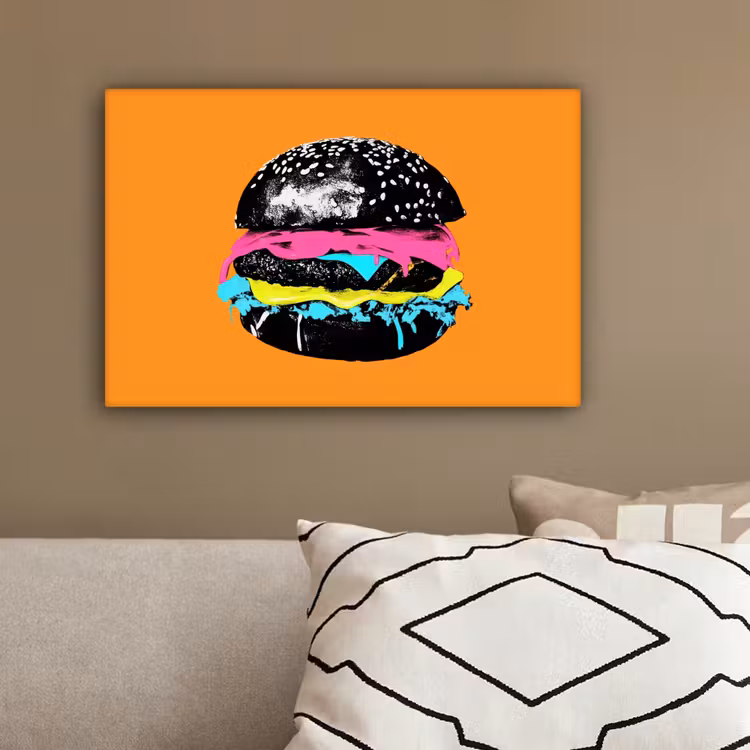 Hamburger - Oranje - Neon - popart canvas 2cm klein -sfeer3