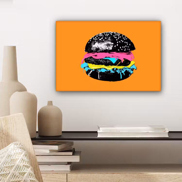 Hamburger - Oranje - Neon - popart canvas 2cm klein -sfeer6