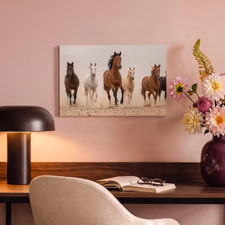 Kudde paarden - Stofwolk - Bruin - Zwart canvas 2cm klein -sfeer4