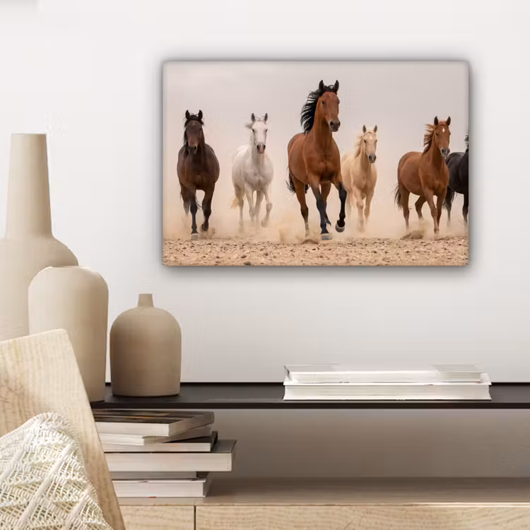 Kudde paarden - Stofwolk - Bruin - Zwart canvas 2cm klein -sfeer6