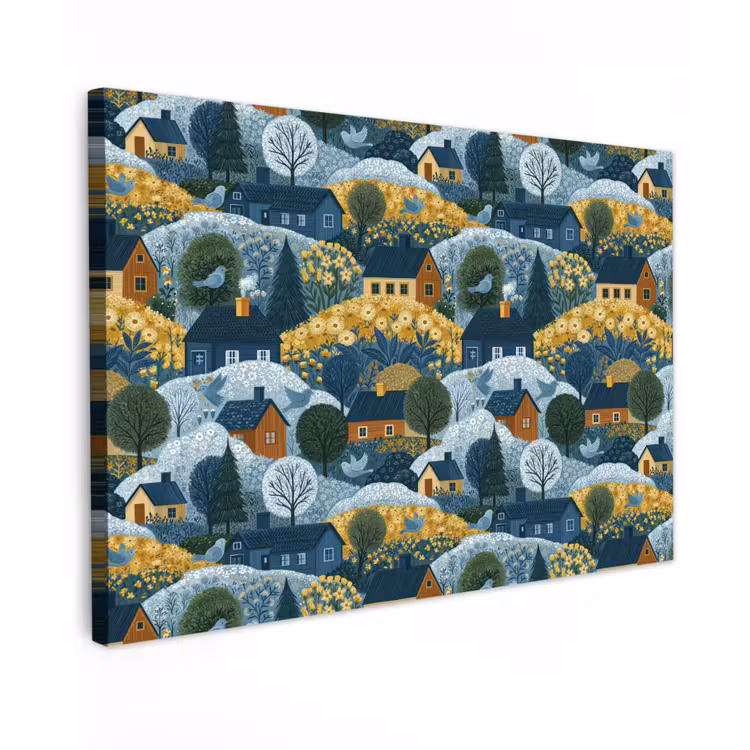 Huisjes - Bloemen - Patroon - Geel - Blauw canvas 2cm klein 34 -z3d