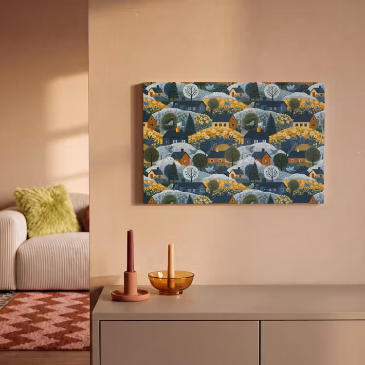 Huisjes - Bloemen - Patroon - Geel - Blauw canvas 2cm klein 34 -sfeer1