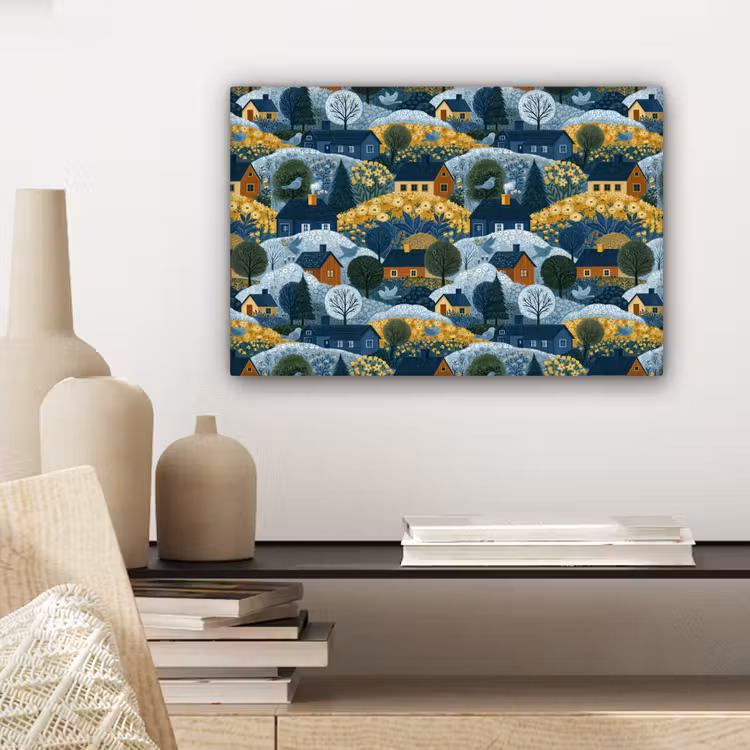 Huisjes - Bloemen - Patroon - Geel - Blauw canvas 2cm klein 34 -sfeer6