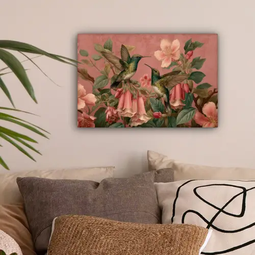 Kolibries - Bloemen - Groen - Roze canvas 2cm klein -sfeer1