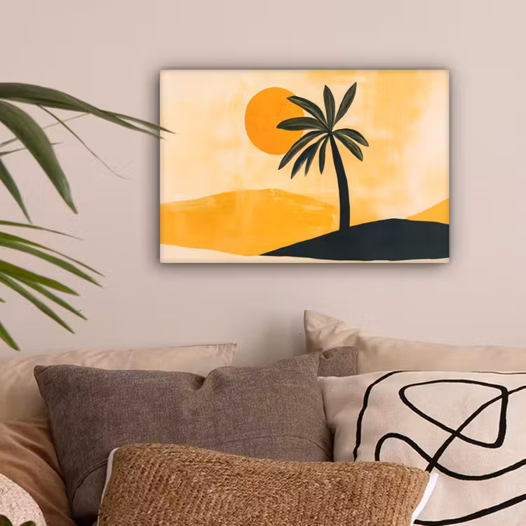 Illustratie - Palmboom - Zon - Heuvels canvas 2cm klein -sfeer1