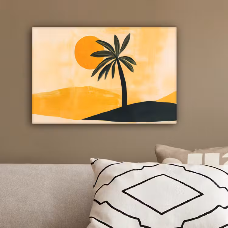Illustratie - Palmboom - Zon - Heuvels canvas 2cm klein -sfeer3