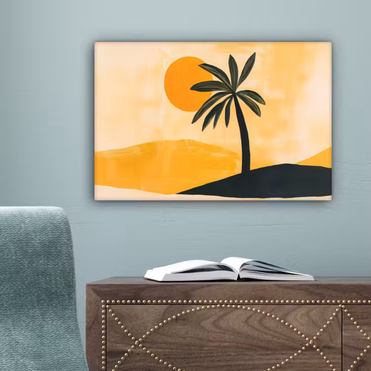 Illustratie - Palmboom - Zon - Heuvels canvas 2cm klein -sfeer4