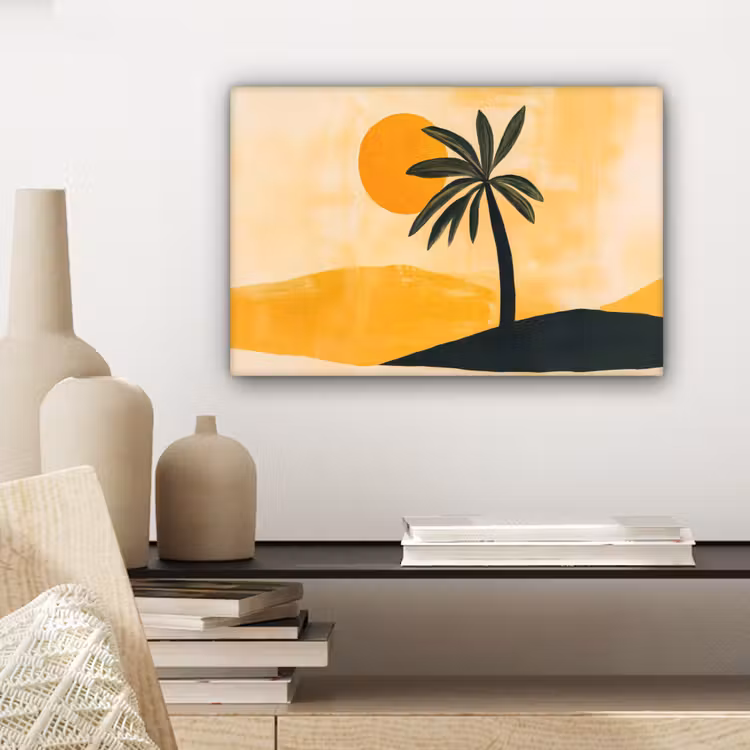 Illustratie - Palmboom - Zon - Heuvels canvas 2cm klein -sfeer6