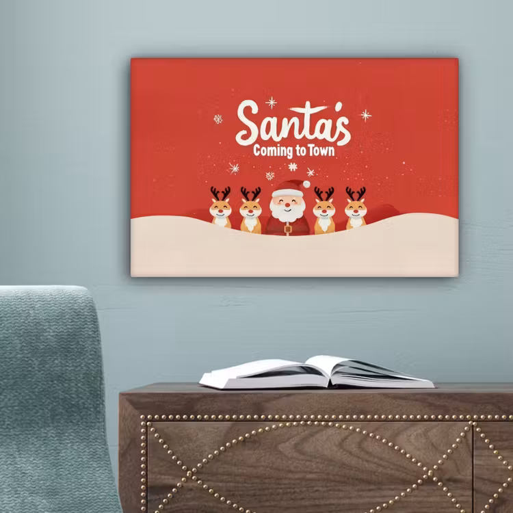 Illustratie - Kerstman - Rendieren - Rood canvas 2cm klein -sfeer4