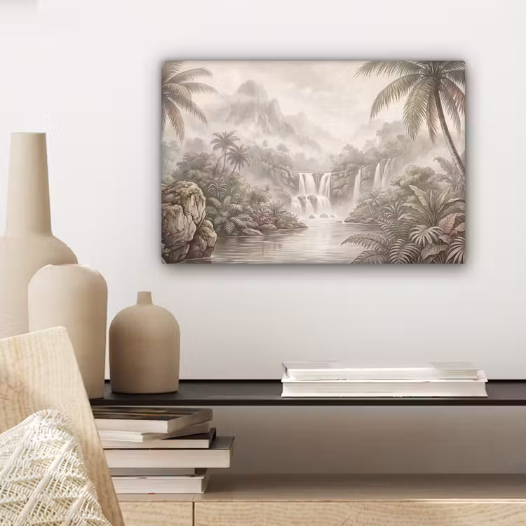 Jungle - Watervallen - Tropisch - Illustratie canvas 2cm klein -sfeer6