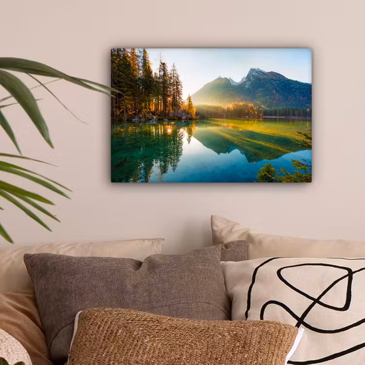 Meer - Bos - Bergen - Natuur - Zon - Landschap canvas 2cm klein -sfeer1