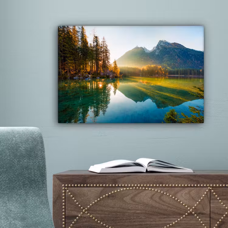 Meer - Bos - Bergen - Natuur - Zon - Landschap canvas 2cm klein -sfeer4
