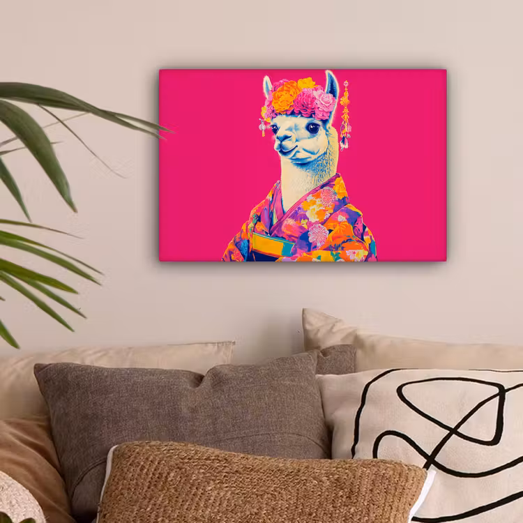 Lama - Kimono - Bloemenkrans - Felroze canvas 2cm klein -sfeer1