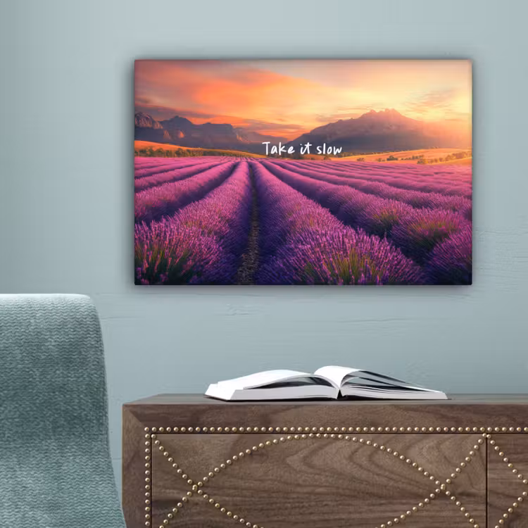Lavendelveld - Quote - Zonsondergang canvas 2cm klein -sfeer4