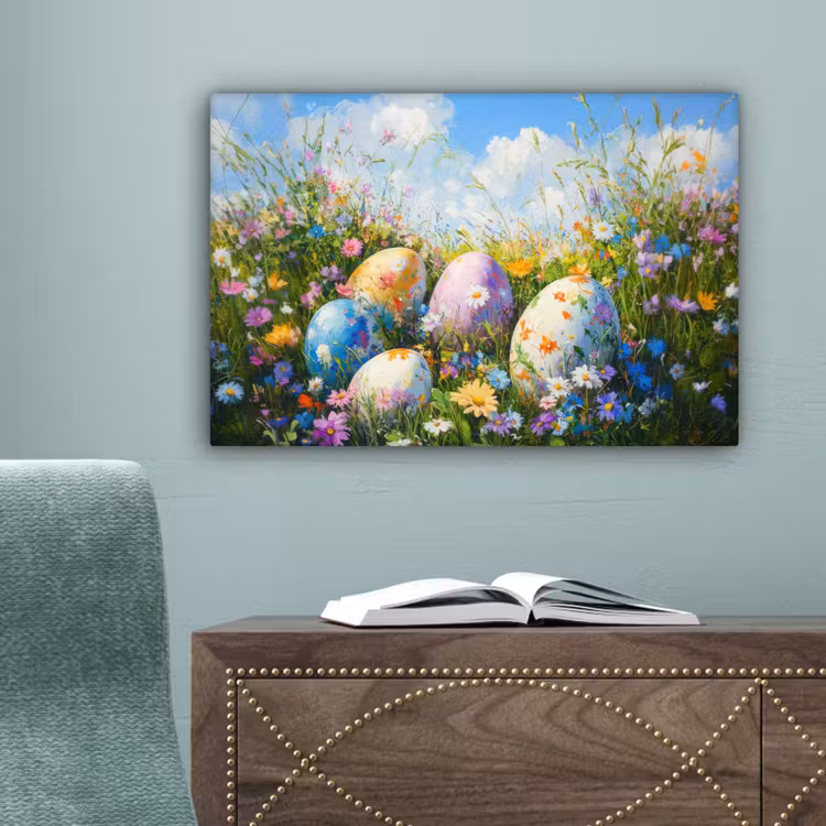 Grasveld - Eieren - Bloemen canvas 2cm klein -sfeer4