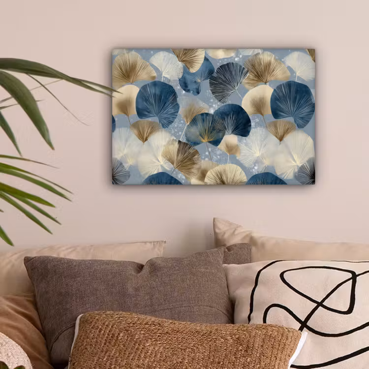 Bladeren - Abstract - Goud - Blauw canvas 2cm klein -sfeer1