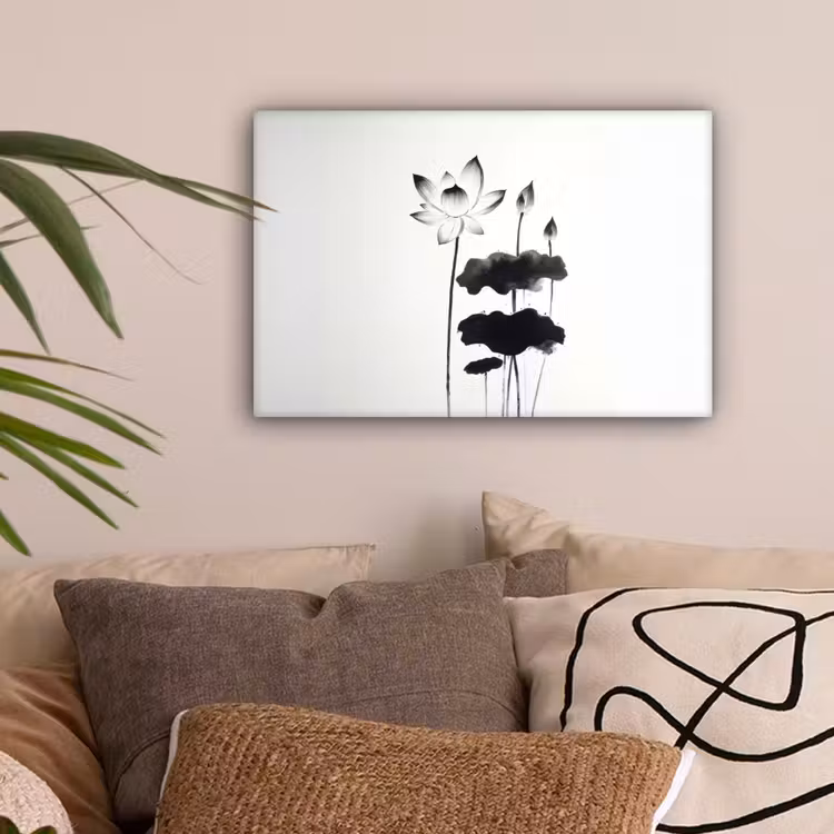 Bladeren - Zwart - Lotusbloem - Minimalitisch canvas 2cm klein -sfeer1