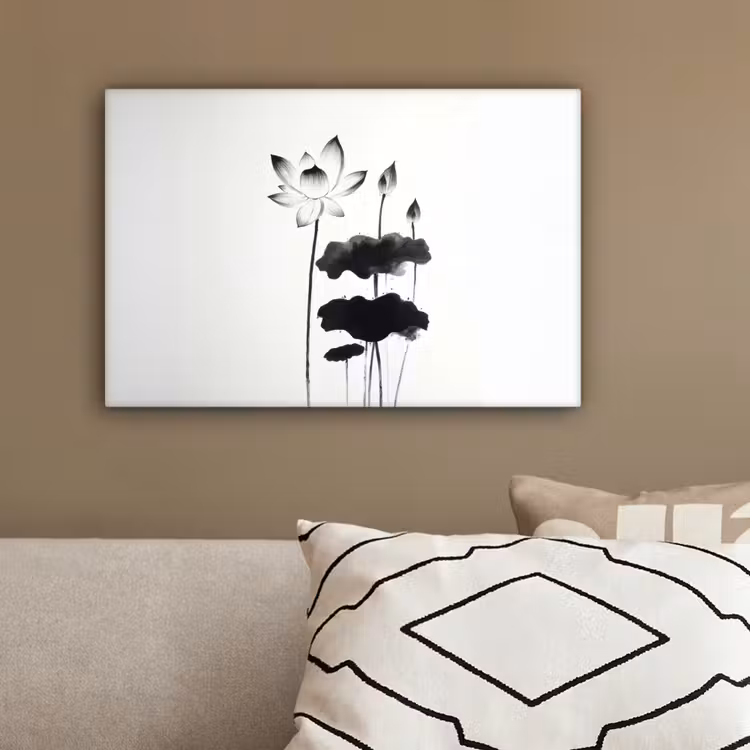 Bladeren - Zwart - Lotusbloem - Minimalitisch canvas 2cm klein -sfeer3