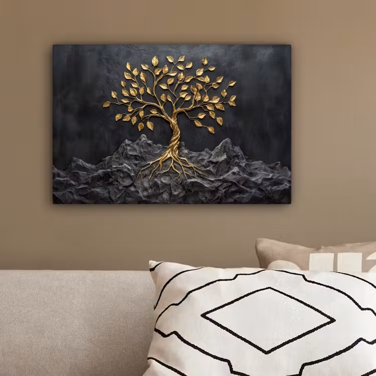 Bladeren - Goud - Boom - Rots canvas 2cm klein -sfeer3