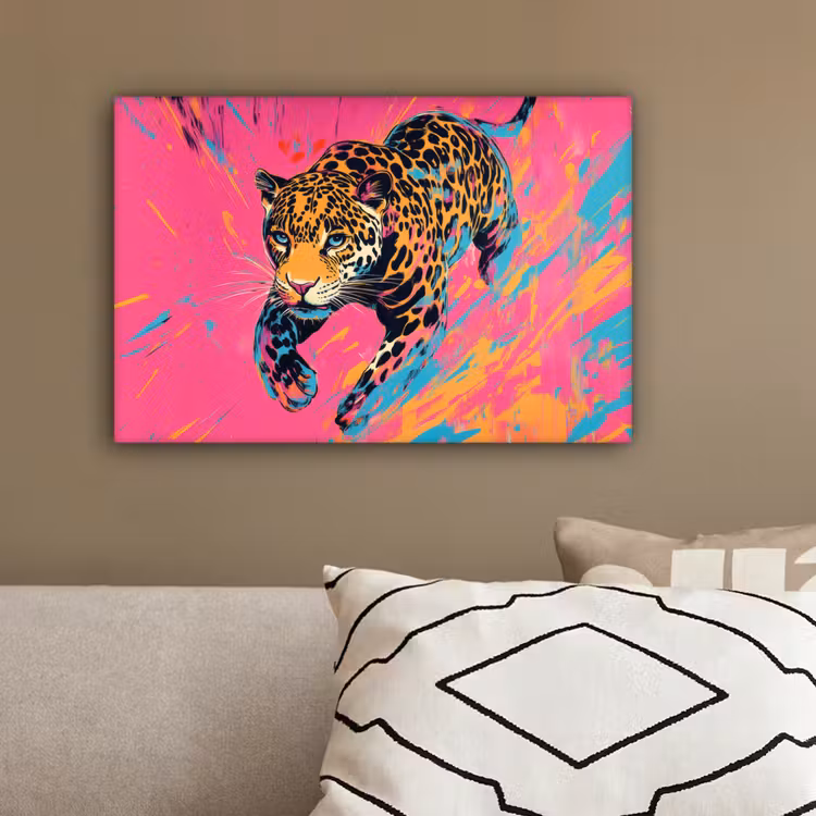 Luipaard - Roze - Oranje - Blauw - Verf canvas 2cm klein -sfeer3