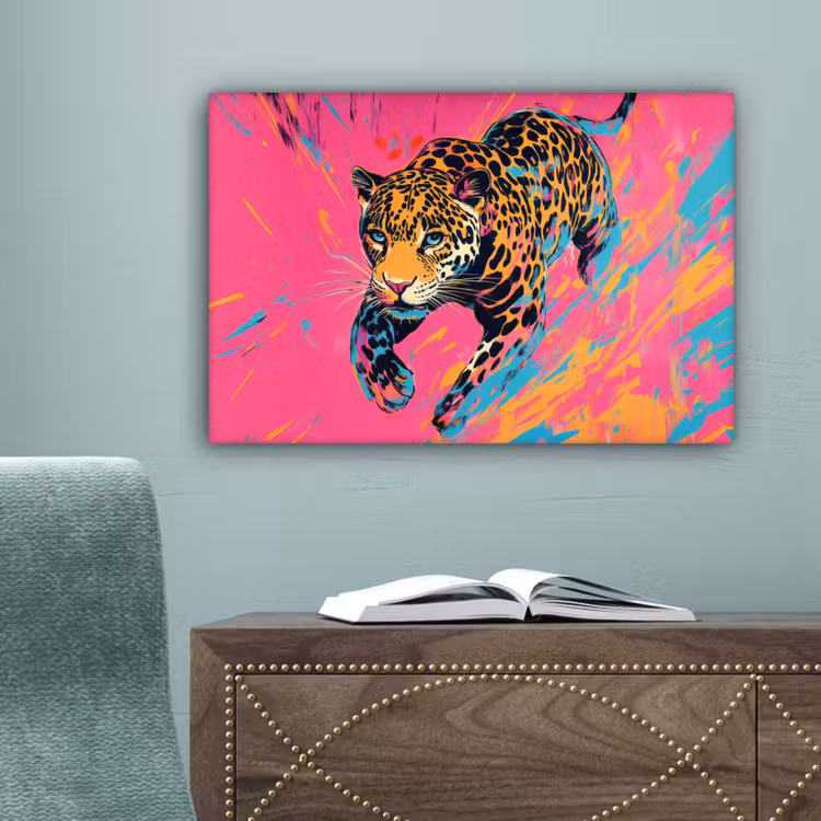 Luipaard - Roze - Oranje - Blauw - Verf canvas 2cm klein -sfeer4