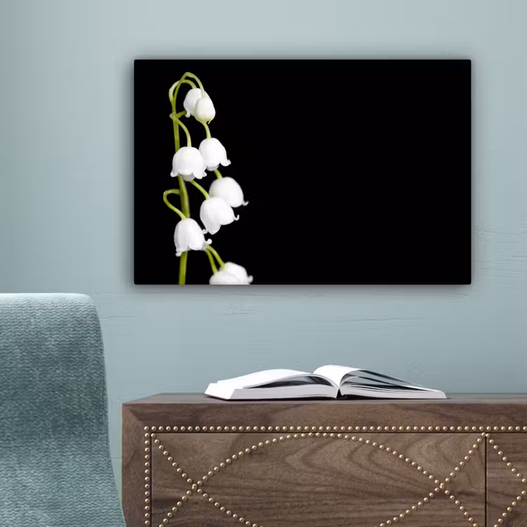 Lelietjes van dalen - Bloemen - Zwart - Flora canvas 2cm klein -sfeer4