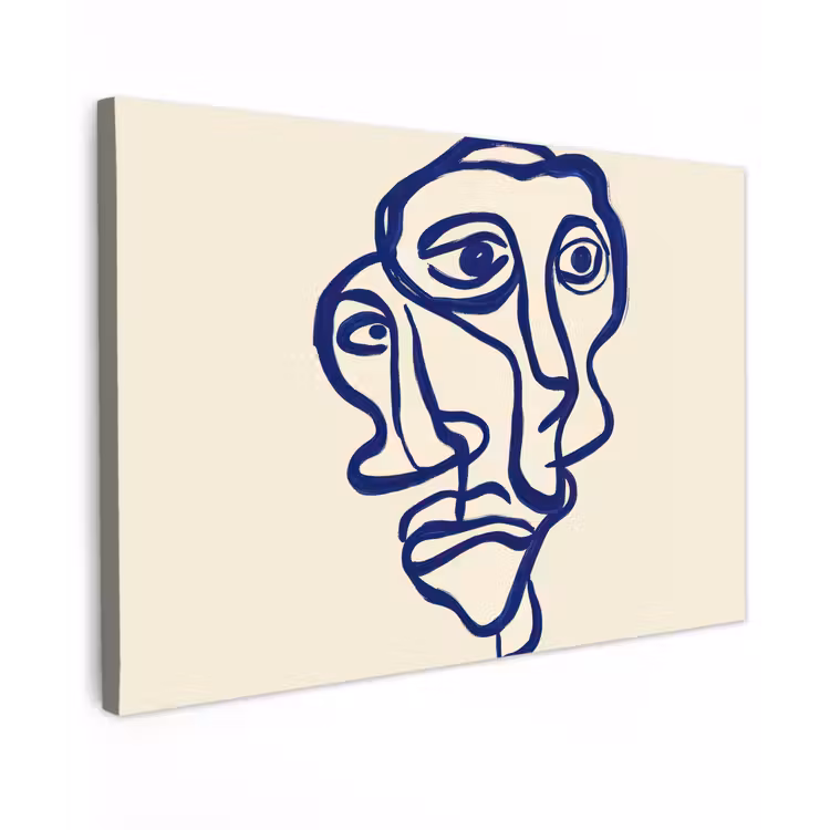 Lijntekening - Overlappende gezichten - Donkerblauw canvas 2cm klein -z3d