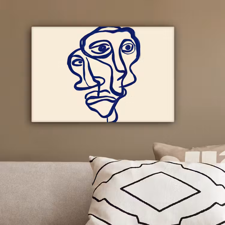 Lijntekening - Overlappende gezichten - Donkerblauw canvas 2cm klein -sfeer3