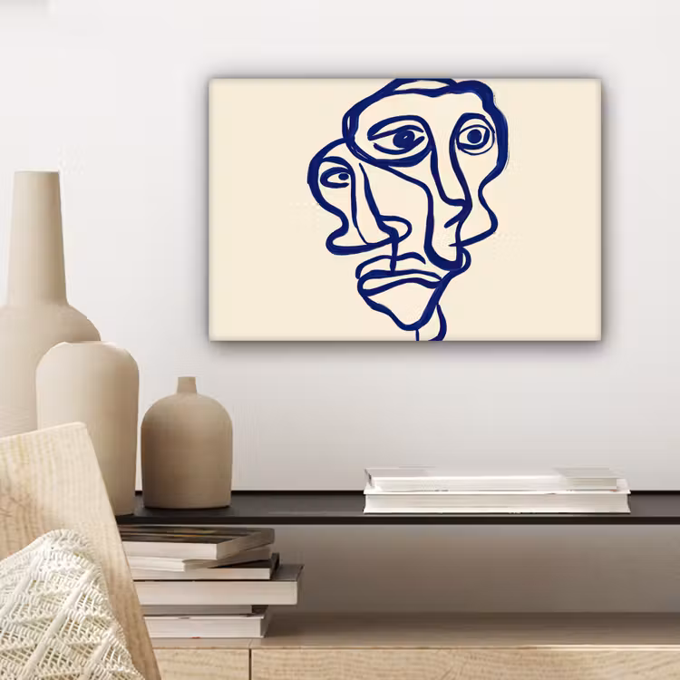 Lijntekening - Overlappende gezichten - Donkerblauw canvas 2cm klein -sfeer6