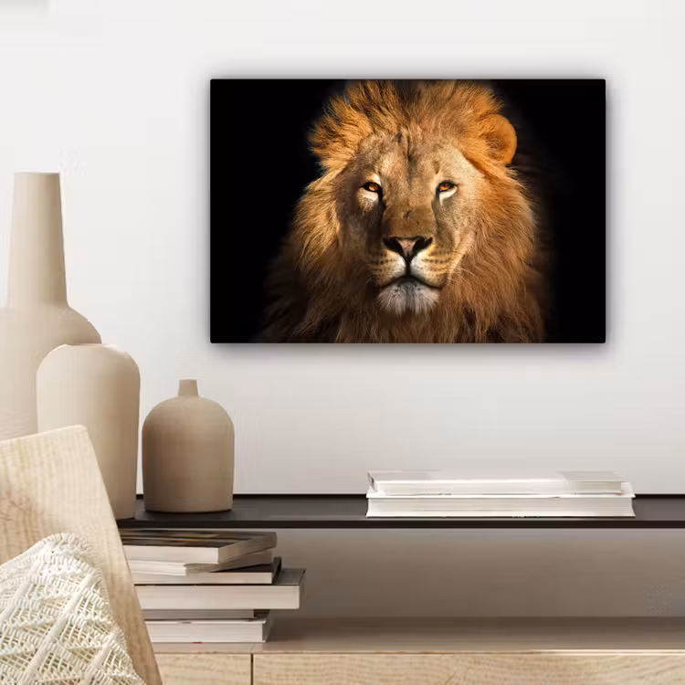 Leeuw - Dieren - Zwart - Licht - Bruin - Portret canvas 2cm klein -sfeer6