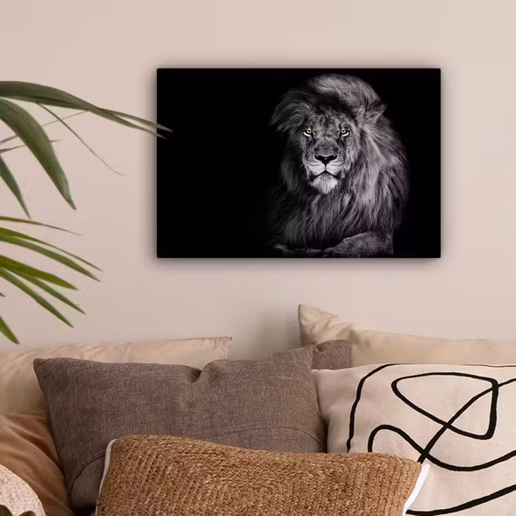Leeuw - Ogen - Oranje - Zwart wit - Dieren - Portret canvas 2cm klein -sfeer1