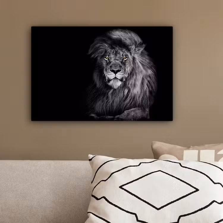 Leeuw - Ogen - Oranje - Zwart wit - Dieren - Portret canvas 2cm klein -sfeer3