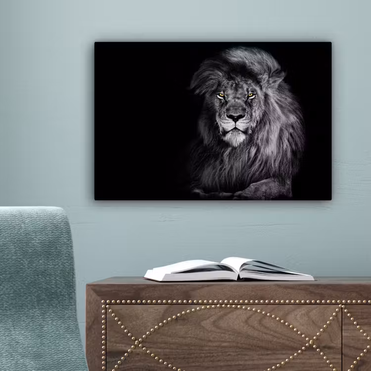 Leeuw - Ogen - Oranje - Zwart wit - Dieren - Portret canvas 2cm klein -sfeer4