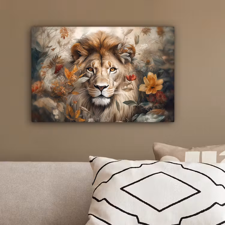 Leeuw - Wilde dieren - Planten - Natuur - Bloemen canvas 2cm klein -sfeer3