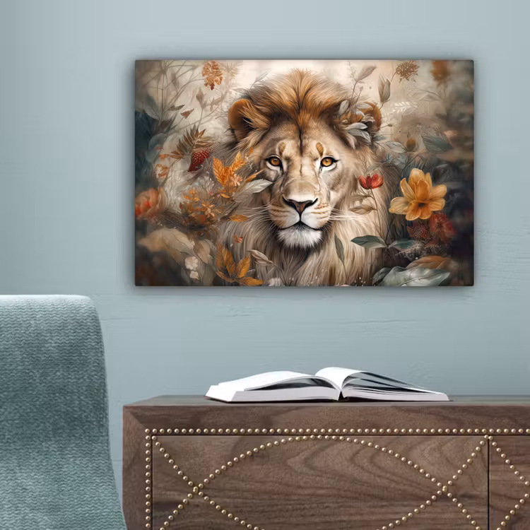 Leeuw - Wilde dieren - Planten - Natuur - Bloemen canvas 2cm klein -sfeer4