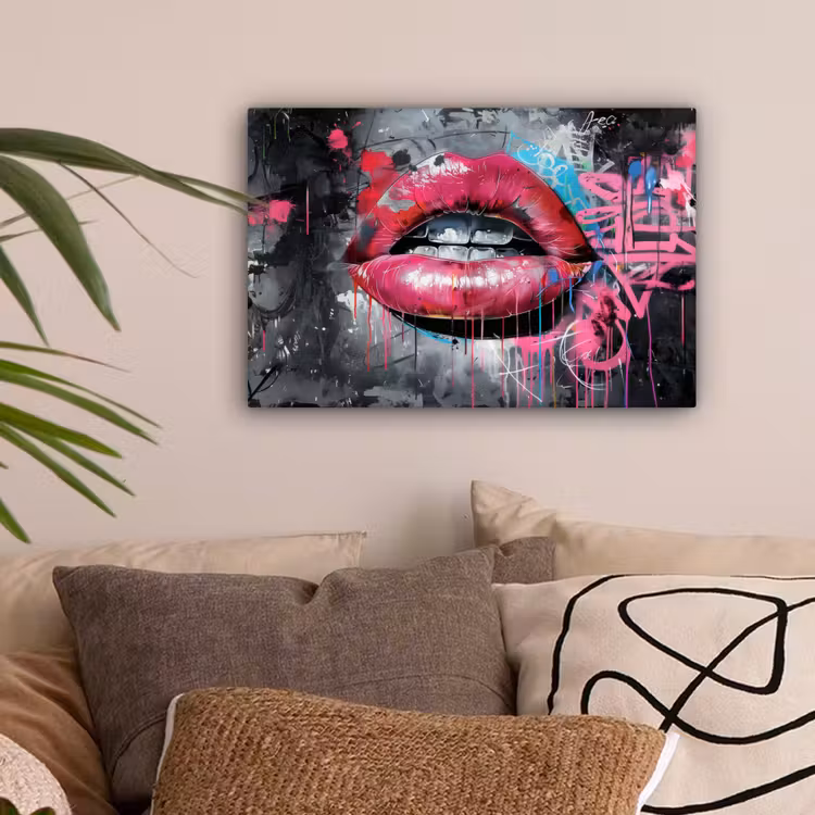 Lippen - Felroze - Graffiti - Verfstrepen canvas 2cm klein -sfeer1