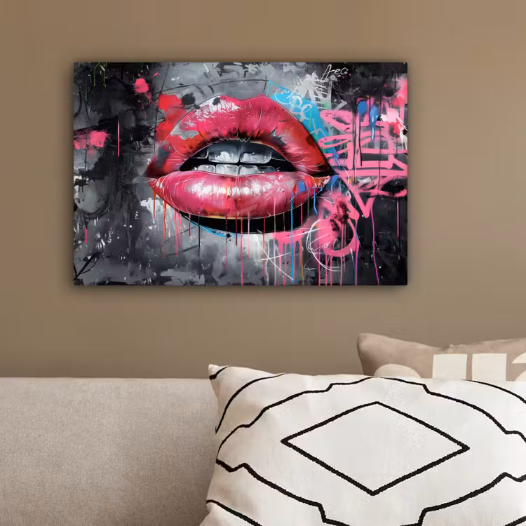 Lippen - Felroze - Graffiti - Verfstrepen canvas 2cm klein -sfeer3