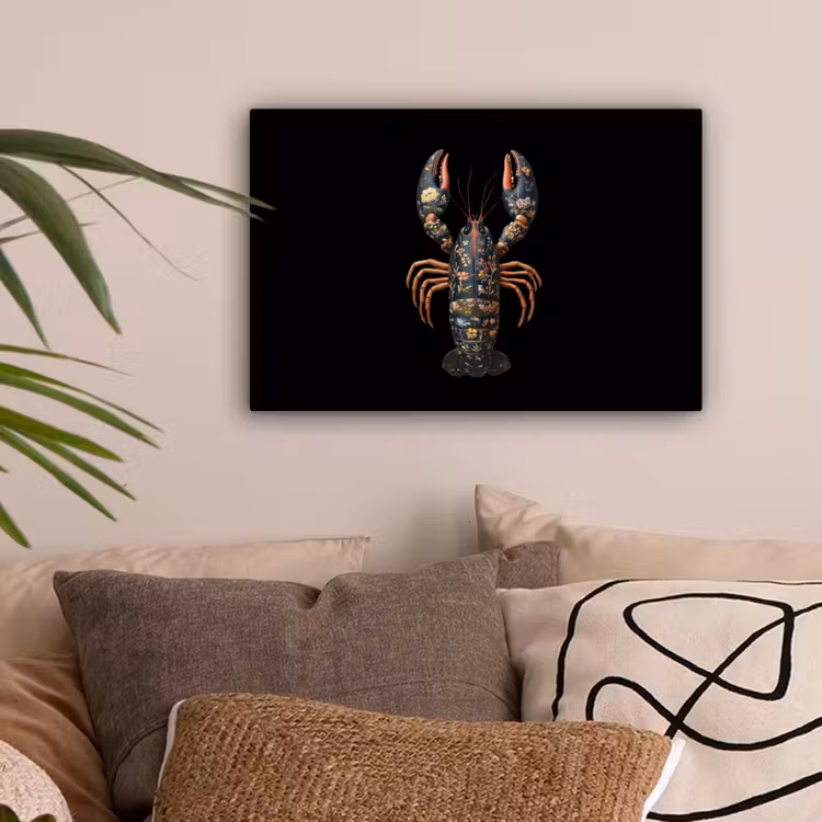 Kreeft - Zwart - Bloemenpatroon - Artistiek canvas 2cm klein -sfeer1