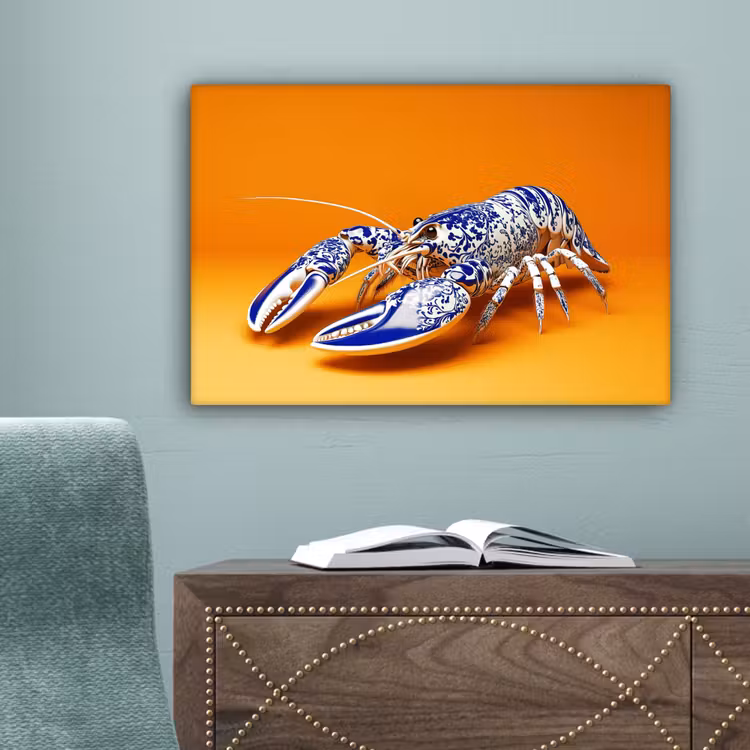 Kreeft - Delftsblauw - Schild - Stoer - Oranje canvas 2cm klein -sfeer4