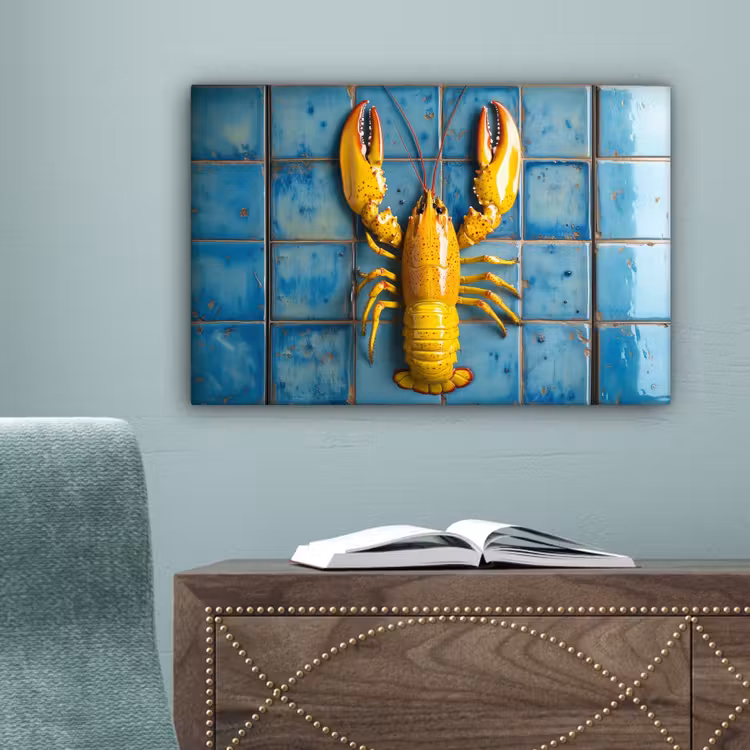 Kreeft - Geel - Blauw - Tegels canvas 2cm klein -sfeer4
