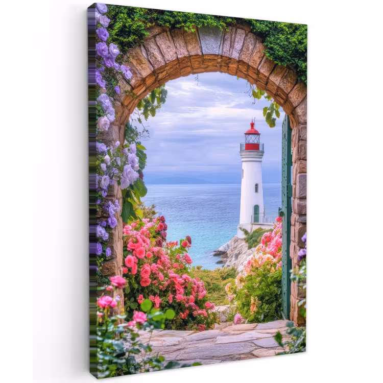Doorkijk - Vuurtoren - Bloemen - Uitzicht canvas 2cm klein -z3d