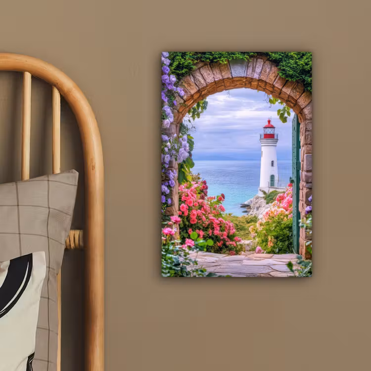 Doorkijk - Vuurtoren - Bloemen - Uitzicht canvas 2cm klein -sfeer3