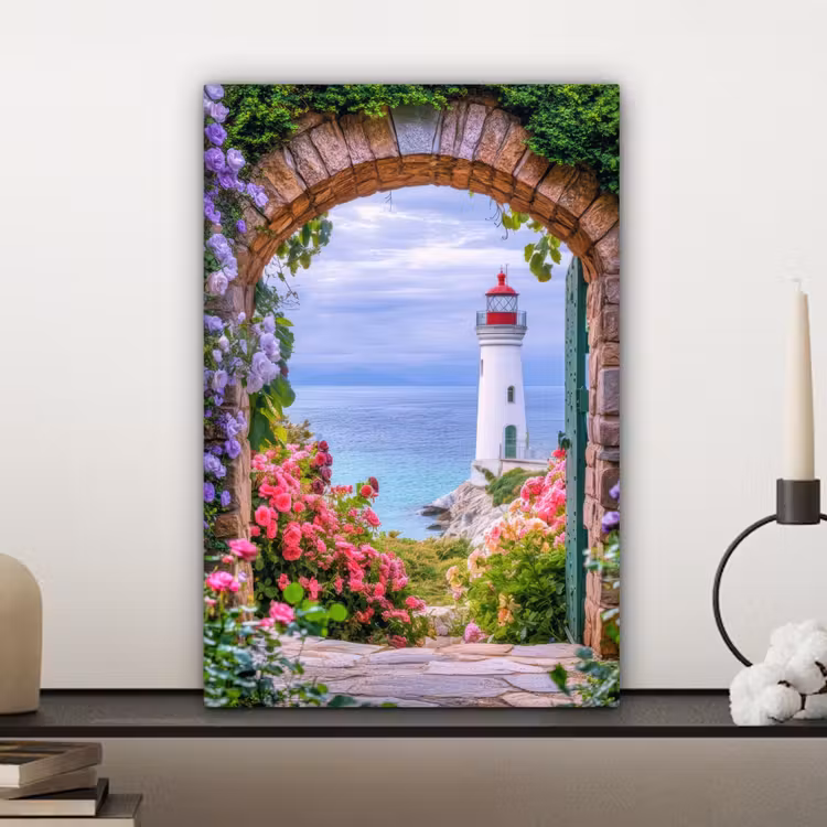 Doorkijk - Vuurtoren - Bloemen - Uitzicht canvas 2cm klein -sfeer6