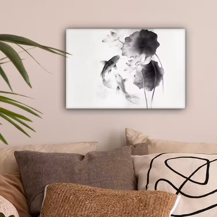 Lotusbloemen - Vissen - Bladeren - Zwart canvas 2cm klein -sfeer1