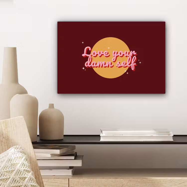 love your damn self - Cirkel - Glitter - Rood canvas 2cm klein -sfeer3
