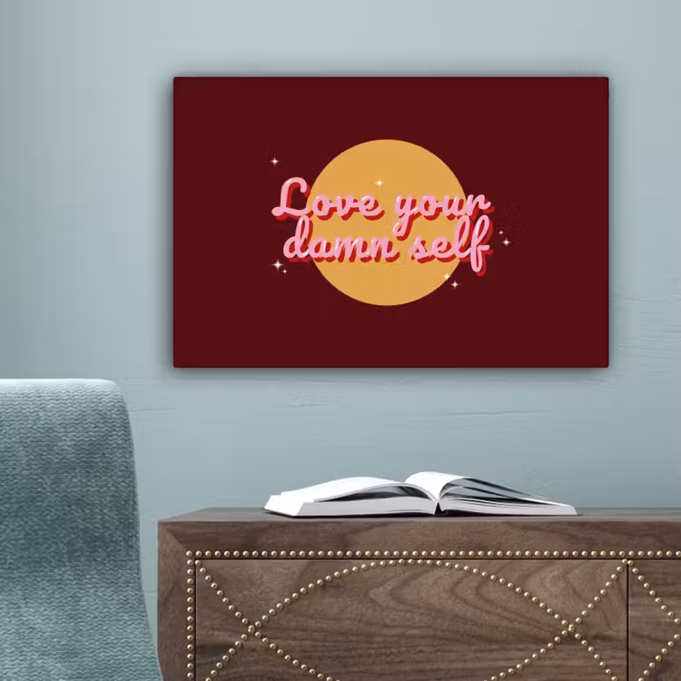 love your damn self - Cirkel - Glitter - Rood canvas 2cm klein -sfeer4