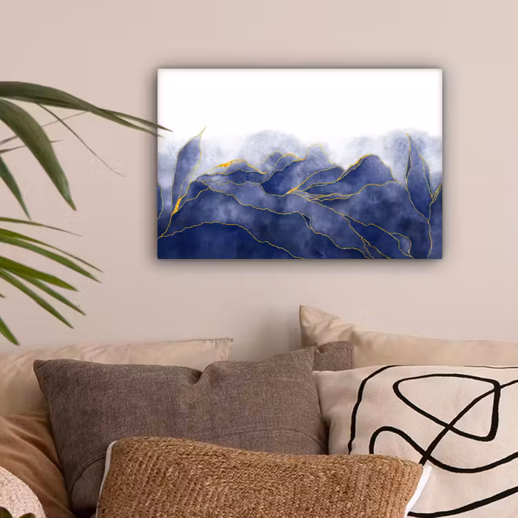 Marmer - Blauw - Marmerlook - Goud - Textuur canvas 2cm klein -sfeer1