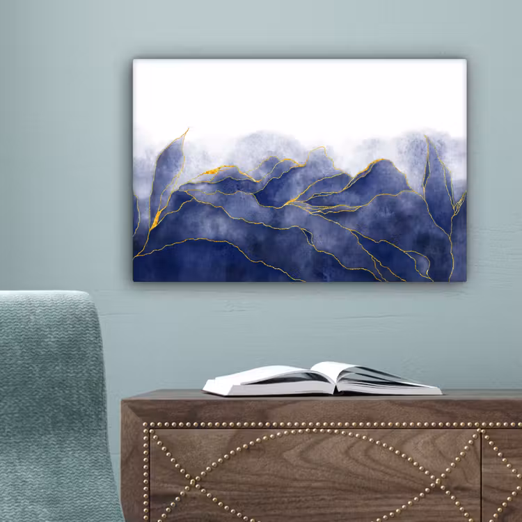 Marmer - Blauw - Marmerlook - Goud - Textuur canvas 2cm klein -sfeer4
