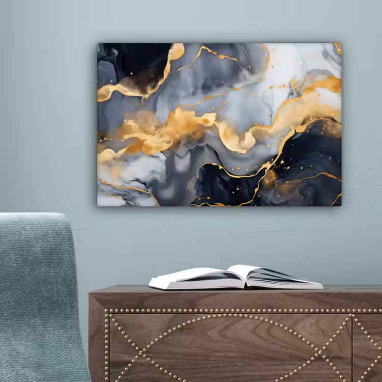 Marmer - Goud - Abstract - Luxe - Zwart en Wit canvas 2cm klein -sfeer4